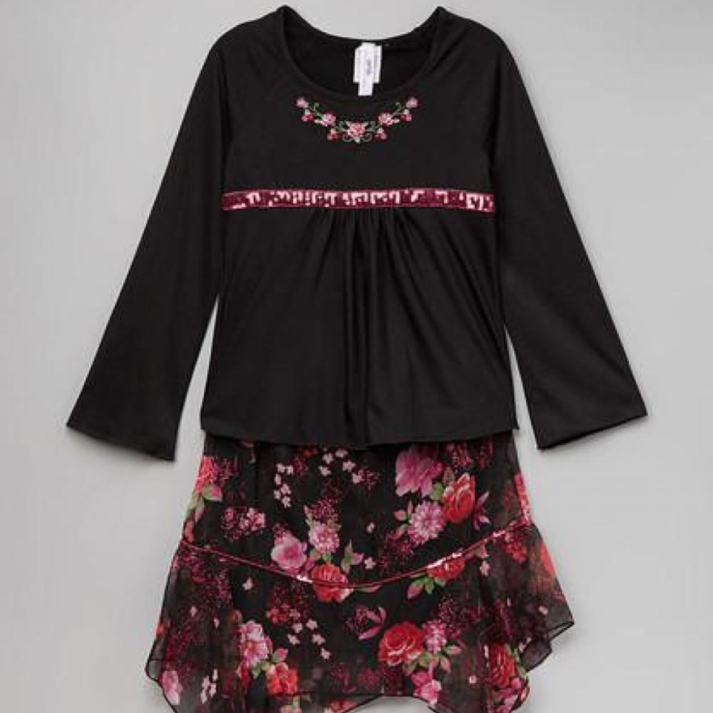 Jojo Belle Girls Black & Pink Rose Tee & Handkerch